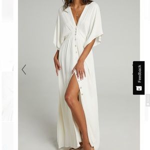Flowy White A-line Boho Button Down Front Slit Maxi Long Dress Small